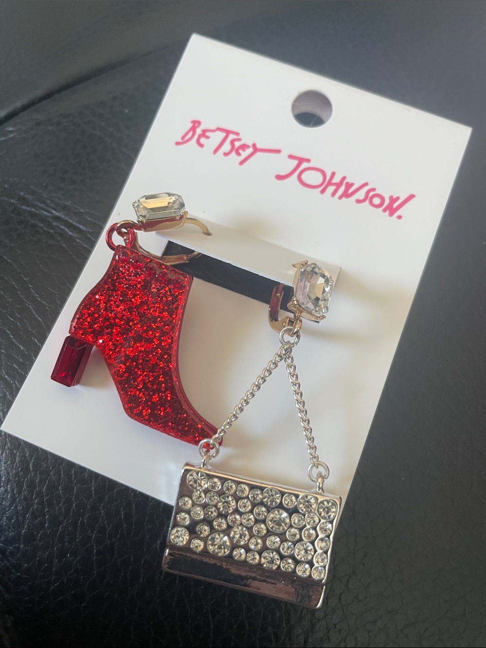 Betsey Johnson Red Glitter Boot & Silver Pavé Purse Asymmetric Drop Earrings NWT
